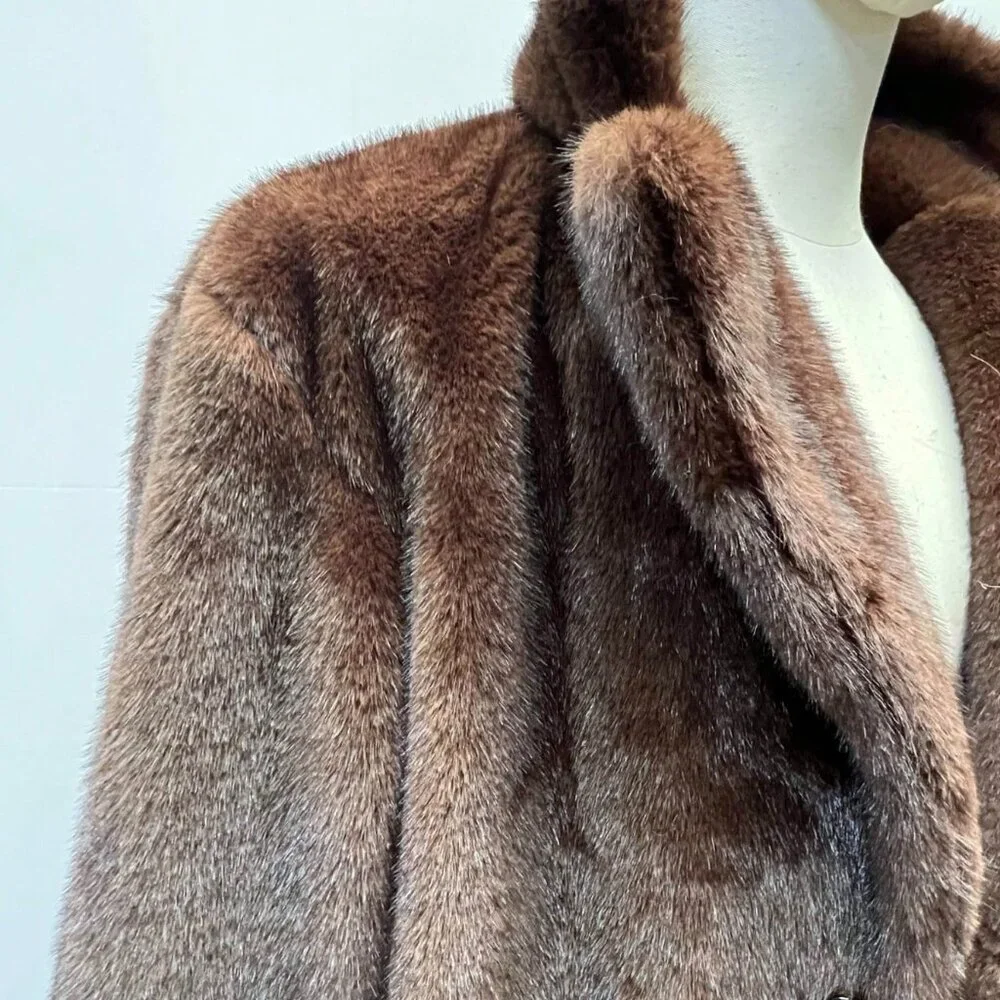 Brown Casual Men's Faux Mink Fur Long Coat - Picture 3 of 4